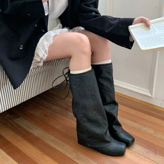 疲れにくい 女性 ファッションブーツ 秋冬 おしゃれ お出かけ カジュアル 無地 シンプル バックリボン スクエアトゥ ワイドシルエット ロング丈 ブーツ シューズ 靴 レディース ロングブーツ