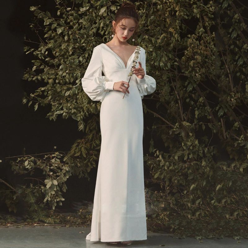 ウェディングドレス 長袖 ロングドレス 二次会 前撮り Aラインドレス wedding dress 海外挙式ドレス 結婚式 シンプル パーティードレス ブライダル スレンダーライン 花嫁 フォーマルドレス 披露宴 食事会 女子会 成人式 ハネムーンフォト 大きいサイズ｜わくわくわく堂