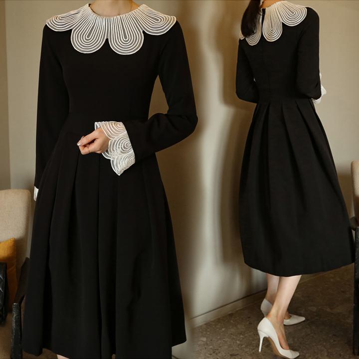 a3574 花びらスリーブ. ミドル丈 ドレス ワンピース ヘップバーンスタイル. ブラックワンピース