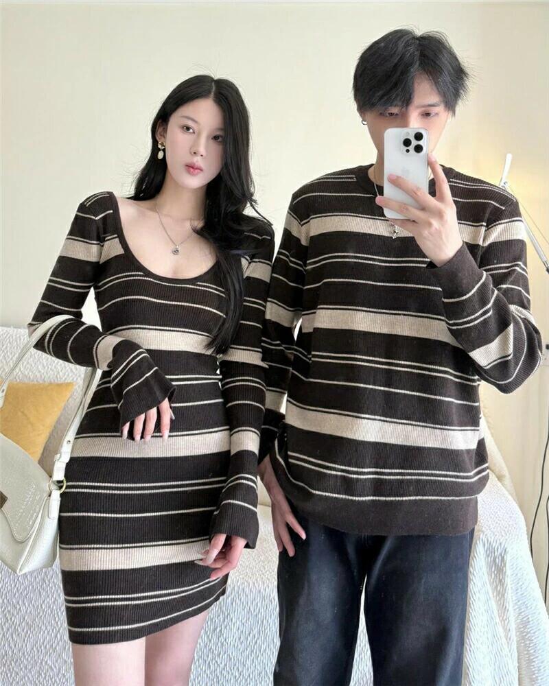 高級 お揃い 秋 服 レディース ストライプ おしゃれ 男女2着セット 冬 カップル トレーナー ブランド ペアルックトレーナー