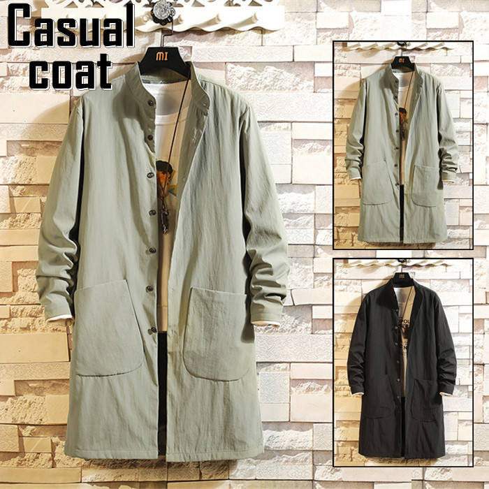 アウター 黒色 ファッション 秋物 春服 スプリングコート スタンドカラー 立ち襟 M-5XL トレンチコート スリム coat シンプル 薄手 ロングコート メンズ カジュアルコート