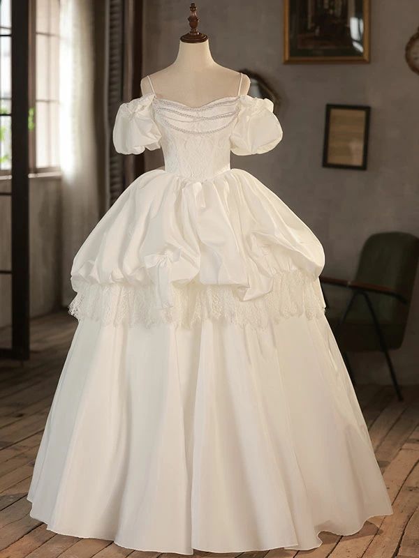 大きいサイズ 小さいサイズ 半袖 dress wedding プリンセスラインドレス フォトウェディング 海外挙式 サテン ボリューム オフホワイト プリンセスドレス 花嫁 ロングドレス ブライダル 前撮り 結婚式 パフスリーブ 二次会 ウエディングドレス ウェディングドレス