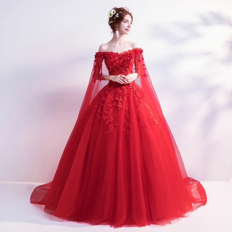 背中編み上げ コンサート 演奏会 お姫様 結婚式 オフショルダー ウエディングドレス お姫様 ドレス プロム 舞台 パーティードレス 衣装 ステージ ロングドレス 演奏会用ドレス レッド カラードレス