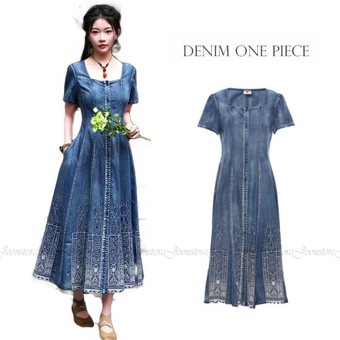 ワン ロング マキシワンピース マキシワンピ 半袖 夏 春 デニム ロングワンピ 刺繍 ロング丈デニムワンピース レトロ ワンピース