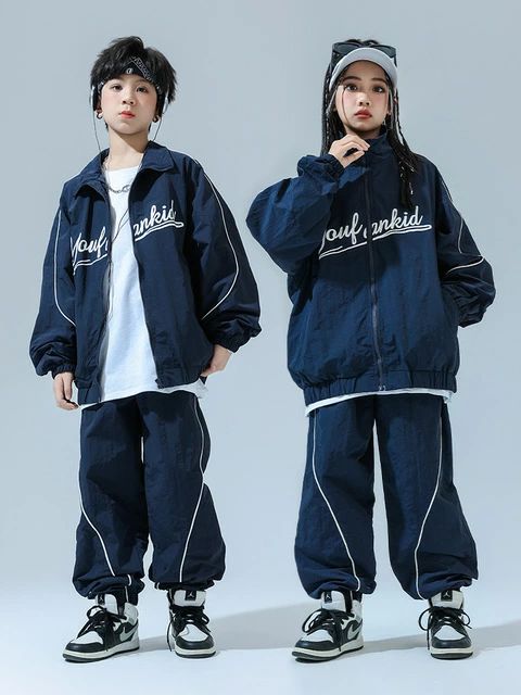 ヒップホップ カジュアル ダンス衣装 ストリート 紺 ネイビー ナイロン かっこいい セットアップ 上下セット キッズ～大人サイズ