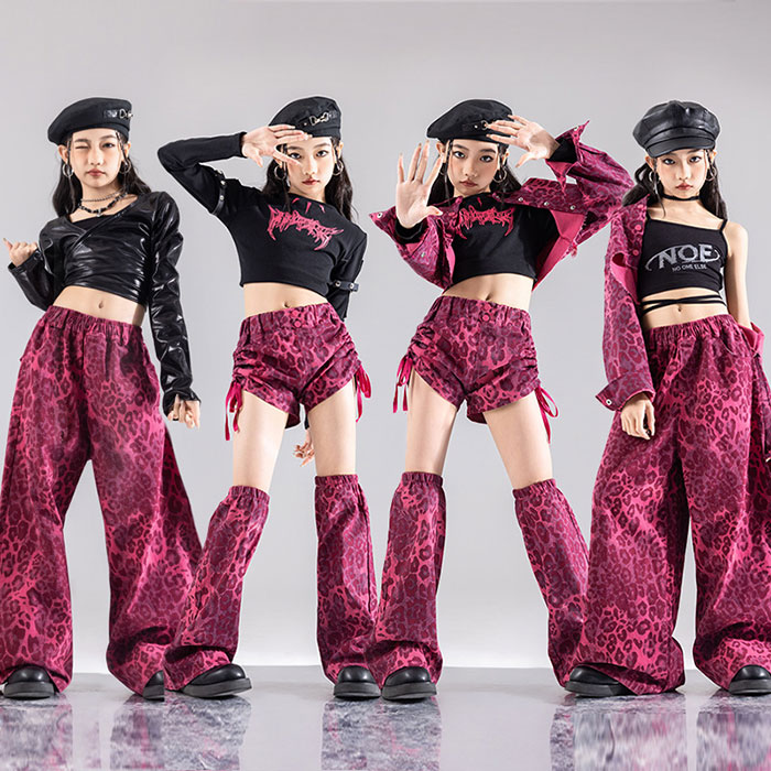 おしゃ カーゴパンツ パンツ ピンク トップス ショット丈 レオパード柄 ヒョウ柄 セットアップ ヒップホップ ダンス衣装 子供用