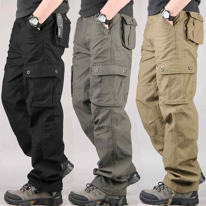 男性用 作業ズボン カーゴパンツ ストレート 厚手 多機能 多ポケット ミリタリー ブラック カーキ グレー 綿 無地