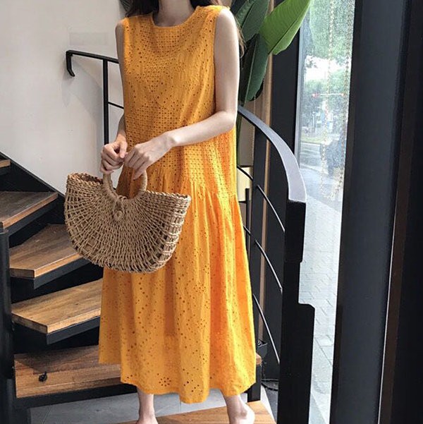 透かし マキシ丈 リゾートワンピース ノースリーブ 夏ワンピ リゾート ロングワンピース サマー ゆったり 大きサイ