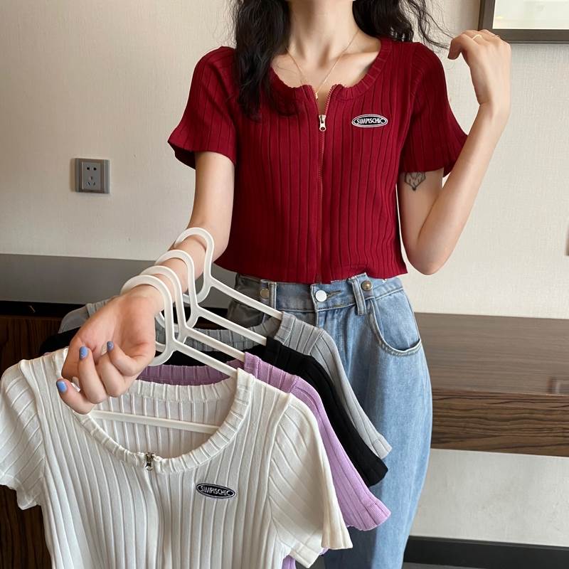 ママ カジュアル ママ お出かけ サマーニット 女性用 リブ 30代 お洒落 デート 前開き 40代 ラウンドネック 半袖 かわ