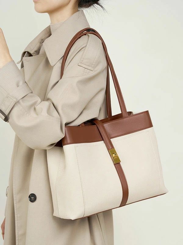 大容量 トートバッグ ハンドバッグ レディース 20代～50代 肩掛け ビジネス 通勤 出張 おしゃれ 上品 ベージュ/ブラック 母の日
