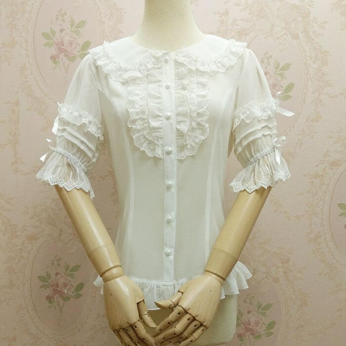 レース ブラウス Lolita ドル襟 半袖 姫袖 フレア リボン スリム 薄手 肌触り ファッション 上品　ゴスロリ レディース