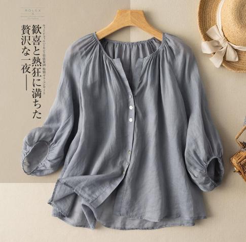 ブラウス 送料無料 シャツ トップス ブラウス 七分袖 普通着 春夏 プリーツ ギャザー入り 無地 シンプル ゆったり ク