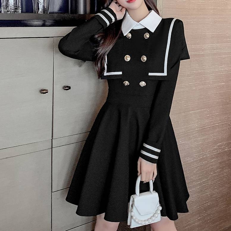 ドレス レディース 送料無料 セーラー服 フレア ひざ上 膝上 長袖 ダブルボタン 襟つき コスプレ ゴスロリ おしゃれ