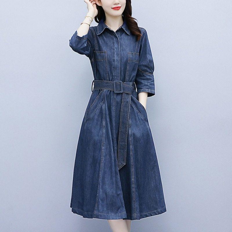 長袖 上品 ビッグシルエット ワンピース 春夏 かわいい 伸縮性 ゆったり 中長丈 デニム 大きいサイズ 普段使い レディース