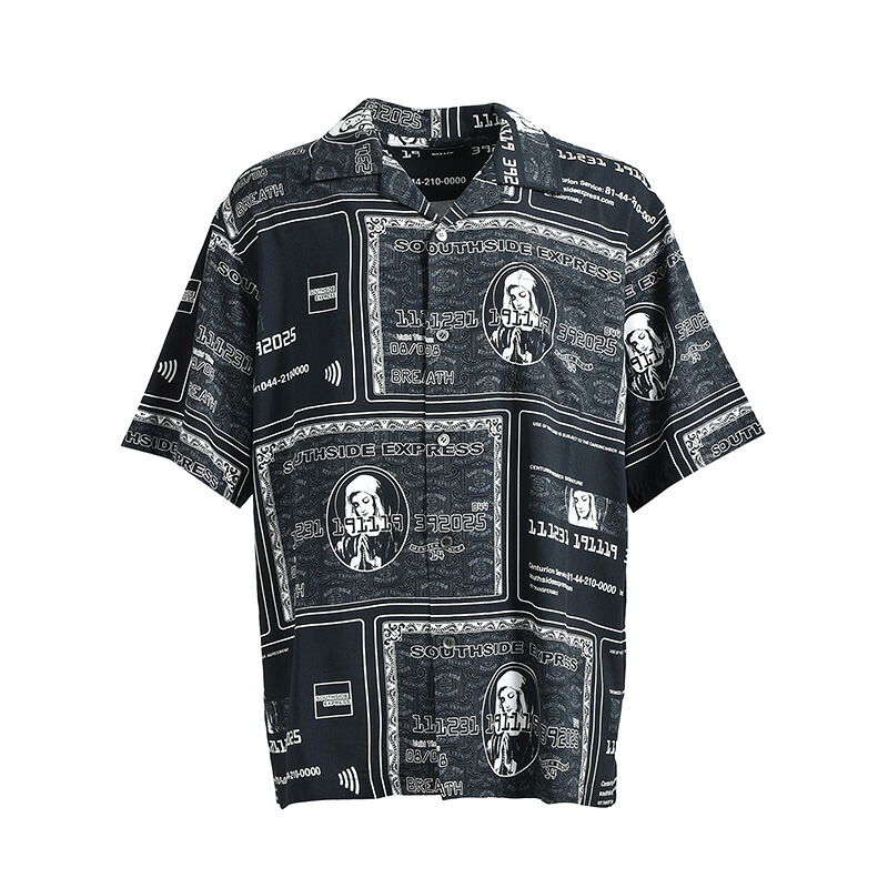 BREATH ブレス シャツ 半袖 トップス オープンカラー 開襟 総柄 男女兼用 BLACK CARD SHIRT -BLACK-｜walkinstore