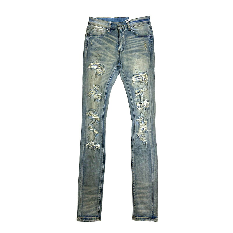 mnml ミニマル パンツ デニム ジーンズ スリム スキニー ストレッチ X201 RHINESTONE SKINNY DENIM -BLUE-｜walkinstore