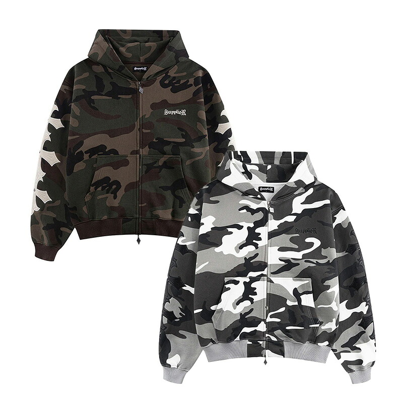 サプライヤー SUPPLIER パーカー フーディー トップス 迷彩 カモフラージュ 男女兼用 CAMOUFLAGE CROSS LEATHER PATCH ZIP HOODIE -2.COLOR-｜walkinstore