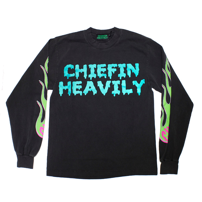 CHIEFIN HEAVILY チーフィン・ヘヴィリー グラフィックプリントTシャツ S,M,L ブラック/黒 クルーネック 長袖 LAストリートブランド CHIEFIN FLAME L/S T-SHIRT