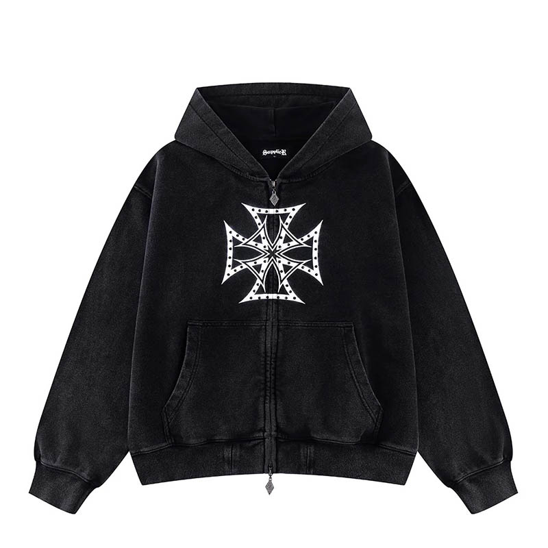 SUPPLIER 提供者 ジップアップフーディ S,M,L 黒いこと/黒 パーカー 差し交わす 伝達ルート石ころ 表どおりブランド名 DUSTY IRON CROSS RHINESTONE ZIP HOODIE メンズファッション-トップス-パーカー