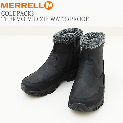 ☆6/4-11制限事項！尖んがり最大限度39倍！要エントリー！MERRELL メレル  ウィメンズ COLDPACK3 THERMO MID ZIP WATERPROOF 冷ややかさ容器に並べる サーモ ミッドジップ お水校正刷り BLACK 黒いこと レディース ウィンターブーツ 靴  シューズ 防滑 雨合羽【相応う】