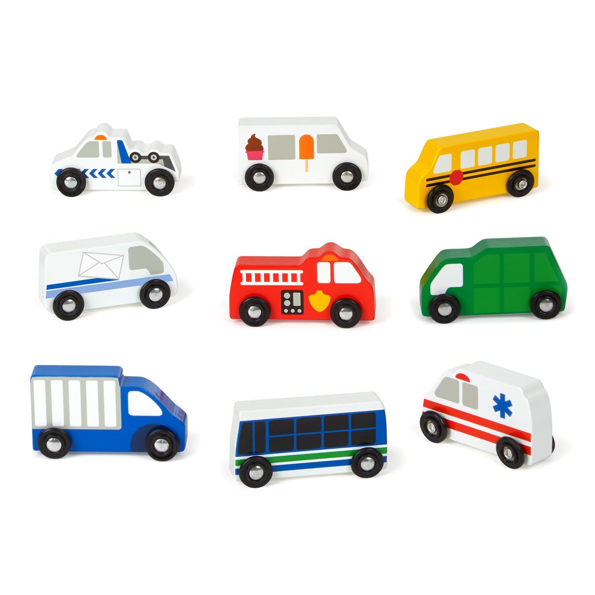 [RDY] [送料無料] Melissa & Doug 木製タウンビークルセット 木製トレイ入り 9個入り [海外通販] | Melissa & Doug Wooden Town Vehicles Set in Wooden Tray 9 pcs