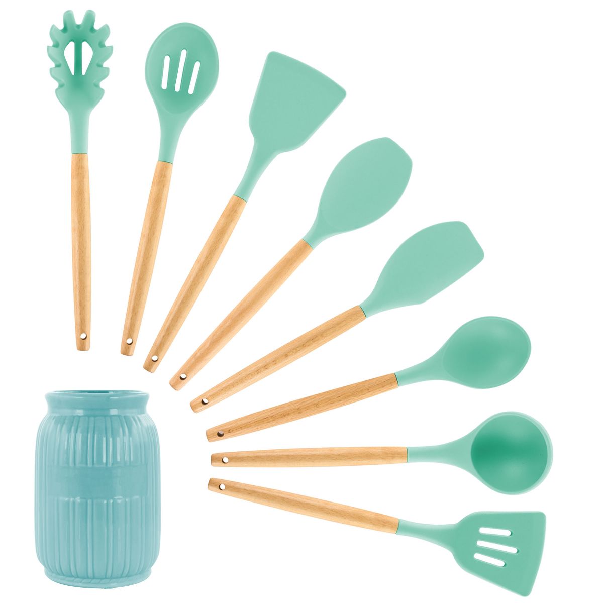 [RDY] [送料無料] MegaChef ミントグリーン9ピースシリコンと木製の調理器具 [海外通販] | MegaChef Mint Green 9 Piece Silicone and Wood Cooking Utensils