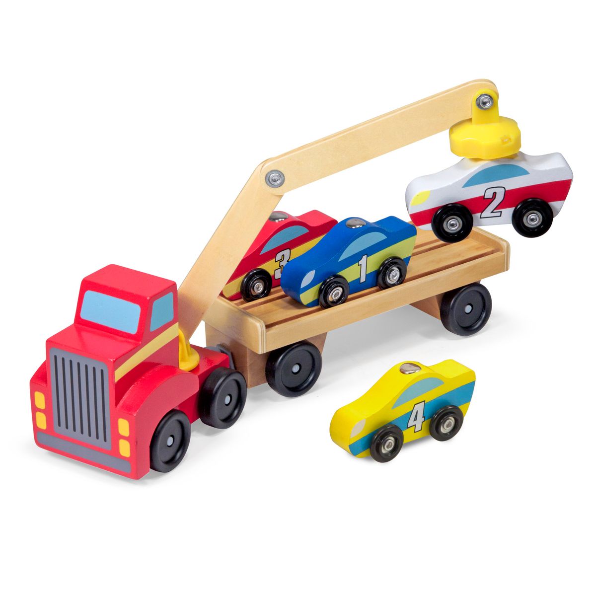 [RDY] [送料無料] Melissa & Doug マグネットカーローダーの木のおもちゃセット 車4台とセミトレーラートラック1台付き [海外通販] | Melissa & Doug Magnetic Car Loader Wooden Toy Set With 4 Cars and 1 S