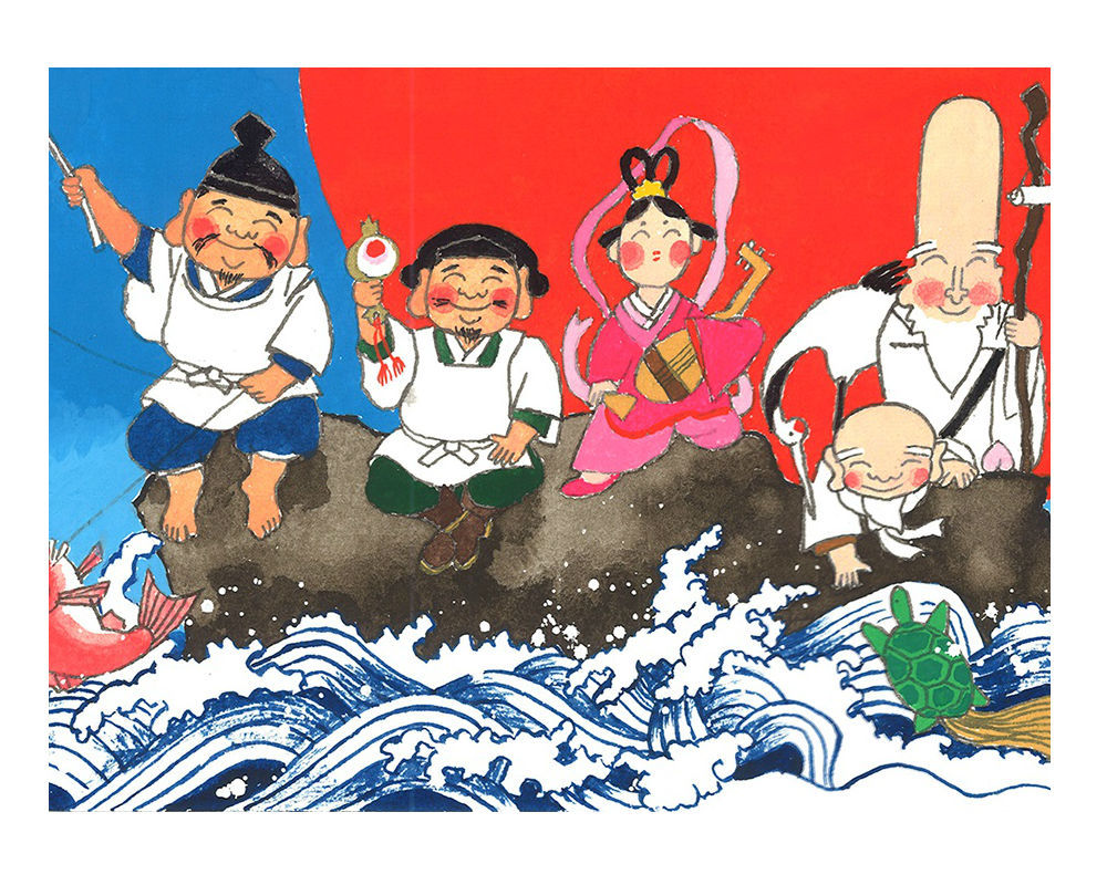 楽天市場 七福神 吉祥来福 額入り岡本 肇 手描き作品 絵画 水墨画 作家オフィス 和味文化研究所 直営店 アート インテリア 壁掛け 壁飾り 装飾 額縁 七福神 縁起物 プレゼント ギフト 絵画 水墨画 和味文化研究所
