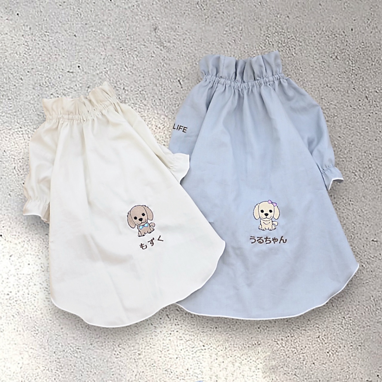 【名入れ対象】刺繍スモッグ　お名前刺繍　わんこ刺繍　ドッグウェア　犬服　ペット服　WAN LIFE　wan life　ワンライフ　犬柄　わんちゃん　チュニック　スモーキーピンク　スカイブルー　オフホワイト　モカ　グリーン【国内生産】【TV番組ええじゃないか！メディア掲載】