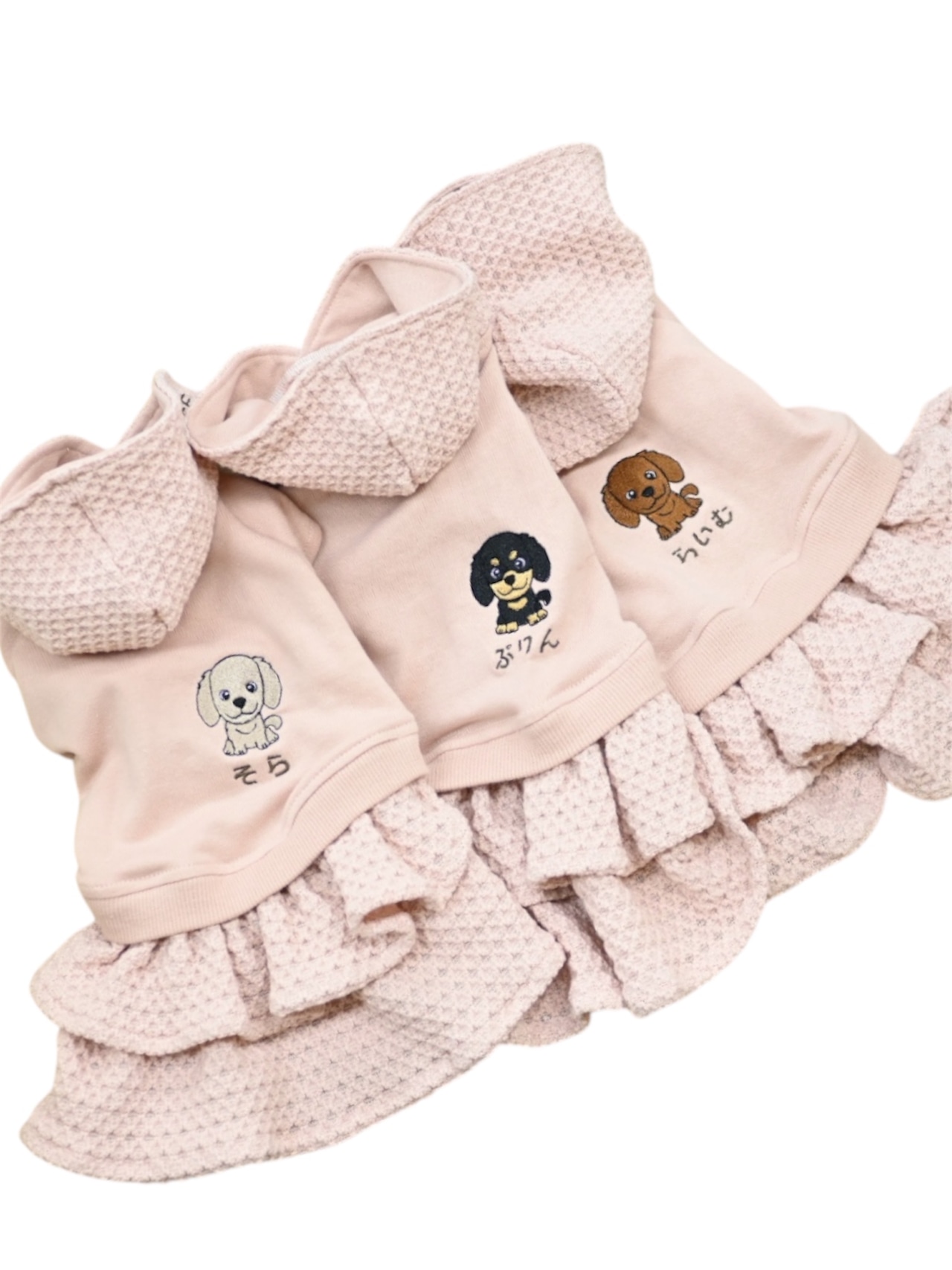 【名入れ対象】フード付きジャガードニットフリルワンピース　刺繍ウェア　お名前刺繍　わんこ刺繍　ドッグウェア　犬服　ワンピース　ピンク　ペット　犬柄　WAN LIFE 　wan life　ワンライフ【TV番組ええじゃないか！メディア掲載】【国内生産】