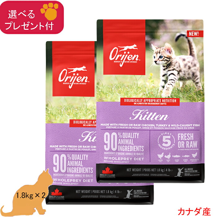 開びゃく ORIJEN キャットフード キトゥン(子ネコ用) 1.8kg×2 (選べる差し上げ物付)【置き目品】 禾穀類不当て嵌める グレインフリー