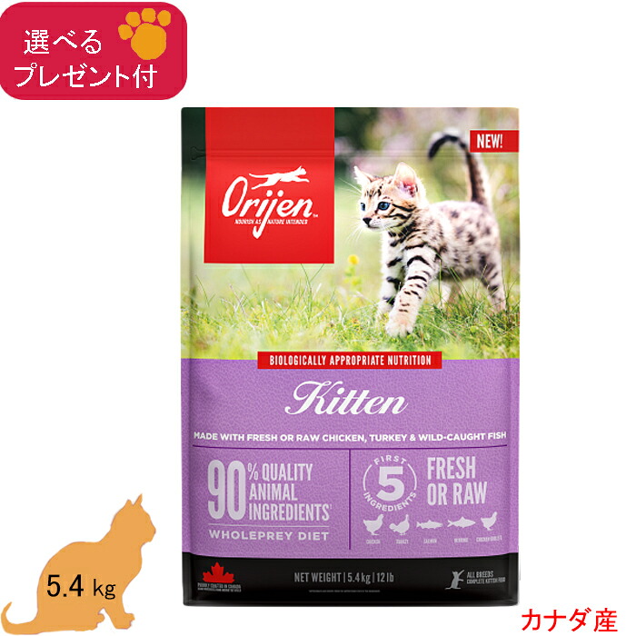 (5%OFFクーポン券有)開びゃく ORIJEN キャットフード キトゥン(子ネコ用)   5.4kg (選べる差し上げ物付)【置き目品】禾穀類不当て嵌める グレインフリー