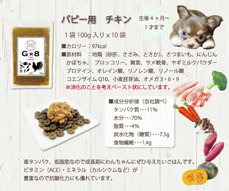 最大56％オフ！ 初回10％OFF 犬用の生サプリごはん 4ヶ月からのかけるだけ トッピング食材 ＧＲ８〜グレート〜パピー 無添加  ヒューマングレード食材 無料 健康相談付き 地鶏 野菜の栄養満点ちょい足しフード 低カロリー高タンパク水分補給にも 帝塚山ＷＡＮＢＡＮＡ www ...