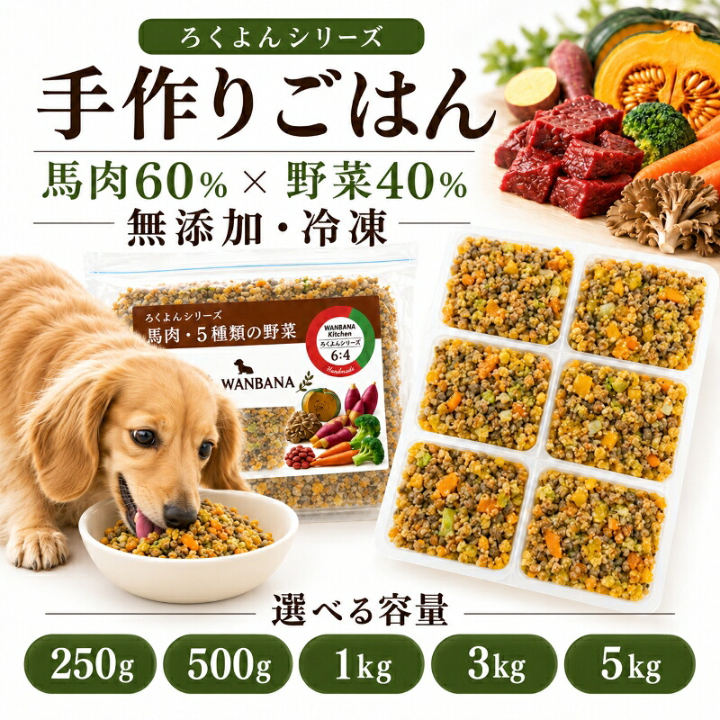犬猫用厳選！ろくよん馬肉 6：5種の野菜4黄金比率 250g～5kg トッピング材料や手作りごはんに 簡単レンチンOK 国産 無添加 毎日続けられる価格 健康寿命をのばす命と向き合い アレルギーのわんちゃんにパピーからシニアまで人間用の食材のみ使用｜ペットフード WANPlus店