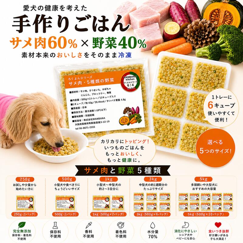 犬猫用厳選!ろくよんサメ肉6:5種の野菜4黄金比率 トッピング材料や手作りごはんに 簡単レンチンOK 250g~5kg国産 無添加 毎日続けられる価格 健康寿命をのばす命と向き合い アレルギーのわんちゃんにパピーからシニアまで人間用の食材のみ使用|ペットフード WANPlus店