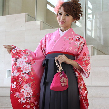 【4/4 20:00～4/10 1:59までポイント10倍】【レンタル】 卒業式 袴 レンタル 女 フルセット 袴セット 女性 卒業式袴セット2尺袖着物＆袴 フルセットレンタル 安い 大学 小学生サイズあり レトロモダン ピンク地に赤桜とピンクぼかし牡丹菊