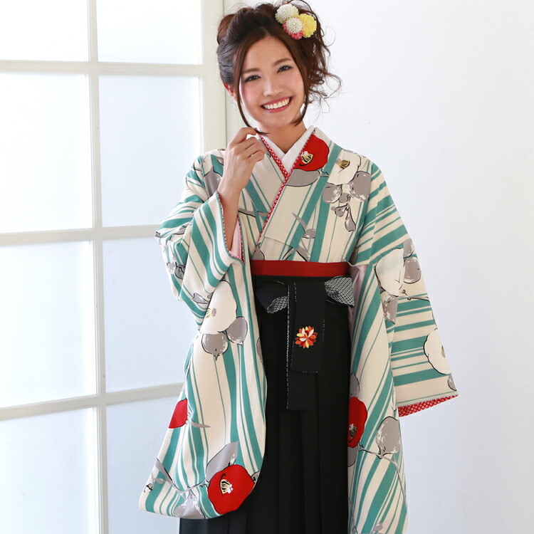 【7/19 20:00～7/26 1:59まで最大2,000円OFFクーポン】【レンタル】 卒業式 袴 レンタル 女 フルセット レトロ 袴セット 女性 卒業式袴セット2尺袖着物＆袴 フルセットレンタル「クリーム地に水色縦縞と赤・白椿」安い 大学 九重 ここのえ｜和　なでしこ