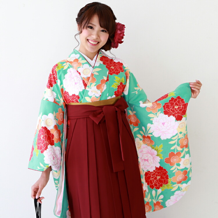 袴 和服 はかま 発送 卒業式 レンタル 袴セット 袴 ハカマ レンタル Rental 緑地に赤白の牡丹とオレンジの桜 レンタル 卒業式 期間限定クーポン 間に合う 女 宅配 袴 レンタル 女性 レディース 大学 袴セット 女 卒業式袴セット2尺袖着物 袴フルセット