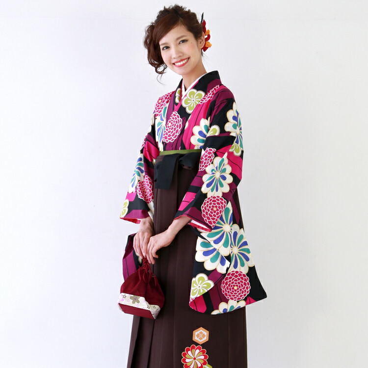 【7/19 20:00～7/26 1:59まで最大2,000円OFFクーポン】【レンタル】 卒業式 袴 レンタル 女 フルセット 袴セット 卒業式袴セット2尺袖着物＆日本製袴フルセットレンタル 安い 大学 レトロモダン 「紫地にピンク矢絣 菊 ひねり梅」｜和　なでしこ