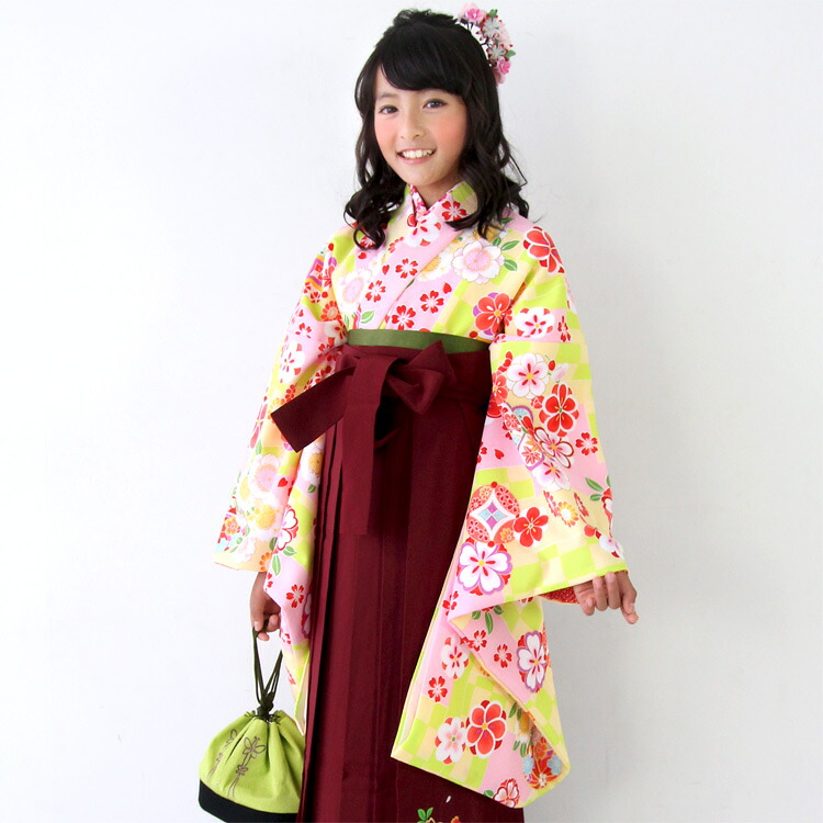 【７泊８日賃借】 卒式 御姉さん 小学生うしろ帯 袴 賃借 レトロ 「お坊っちゃん卒式袴賃借仕掛ける」目あたらしい ひな祭り お召しもの お召しもの 花 レトロ 今めかしい サクラ色 黄緑