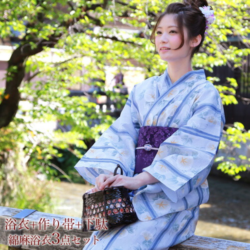 楽天市場】浴衣単品 新作 綿麻浴衣「生成り地に紺乱菊」 : 和
