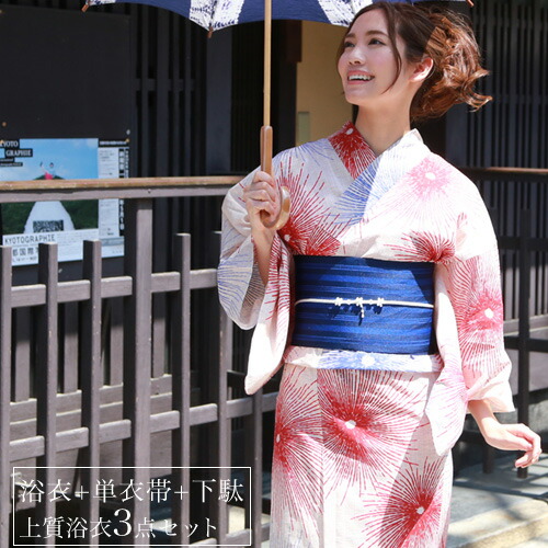 【4/4 20:00～4/10 1:59までポイント10倍】浴衣 レディース セット レトロ 綿麻浴衣3点セット 「アイボリーに赤と青の花火」