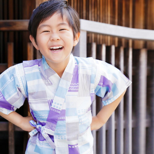 楽天市場 キッズ甚平 男の子 水色と紫の市松染め分け 和 なでしこ
