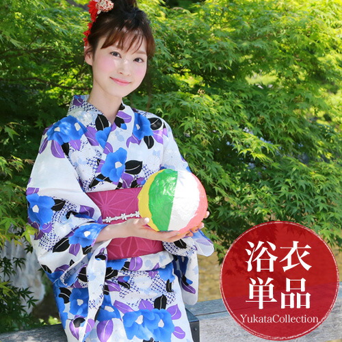 【4/4 20:00～4/10 1:59までポイント10倍】浴衣 単品 レディース 新作 高級変わり織り綿浴衣単品「白地に青の椿と紫の葉」 浴衣 白地 椿 青 古典柄