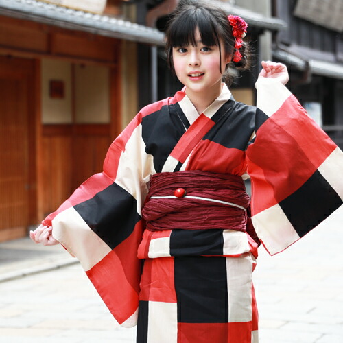 通販 浴衣 セット ジュニア レディース 変わり織り綿浴衣３点セット 赤 黒 クリームの大格子 へこ帯 Sサイズ レトロ モダン 150cm 140cm Www Davedusendanghomes Com