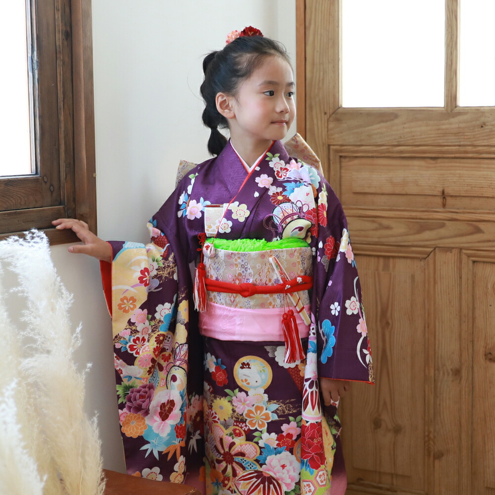 【レンタル】七五三 着物 7歳 レンタルフルセット 四つ身着物23点セットレンタル「紫地にまり柄と花」 女の子 ひな祭り 雛祭り 衣裳 お正月 結婚式 発表会 晴れ着 レトロ おしゃれ かわいい