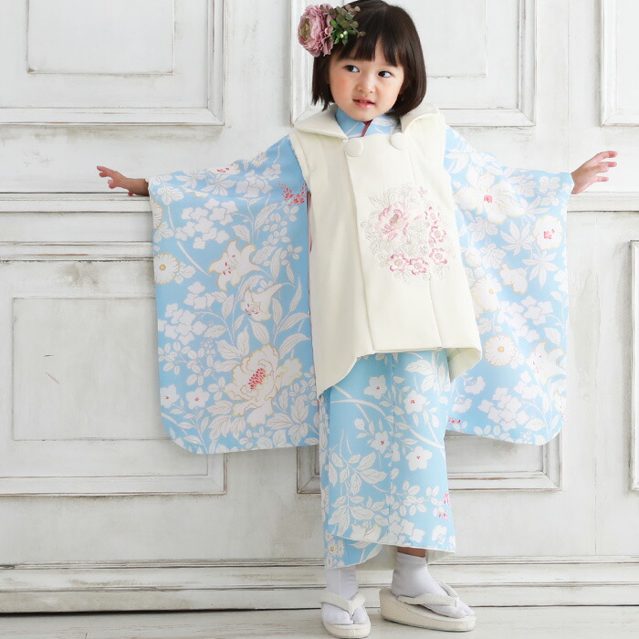 着後レビューで送料無料 の3歳 和服 販売 購入 モダン 女の子 モダン 着物 七五三 購入 購入 ひな祭り 誕生日 フルコーディネートセット おすすめ ひなまつり 衣装 七五三 着物 3歳 女の子 販売 セット 水色地に白の花柄 被布 オフホワイト 着物被布10点フルセット