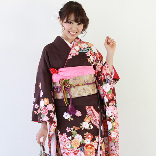 【最大20日間レンタル】 振袖 レンタル 成人式 セット 23点フルセット 「こげ茶に花」 成人式から結婚式やフォーマルまで。　　貸衣装 成人式