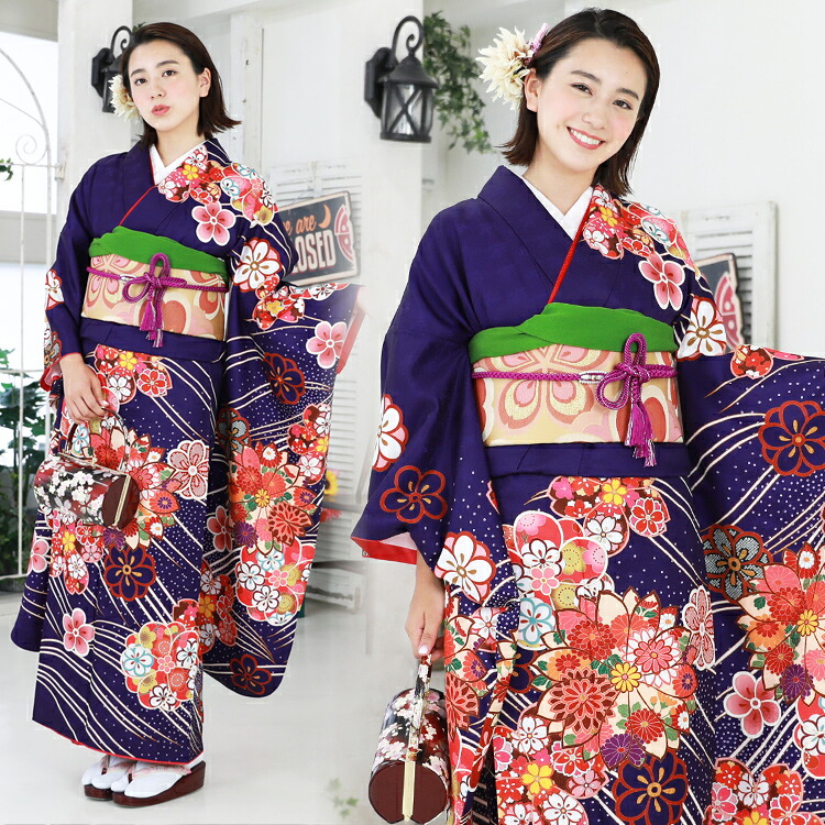 【7/19 20:00～7/26 1:59まで最大2,000円OFFクーポン】【最大20日間レンタル】 成人式 振袖 レンタル 20点フルセット 「紫地に流水と菊・梅」 成人式 結婚式｜和　なでしこ