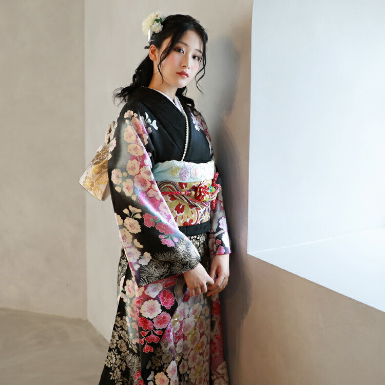 振袖 レンタル 成人式 「正絹黒地に刺繍桜と流れ桜」成人式から結婚式